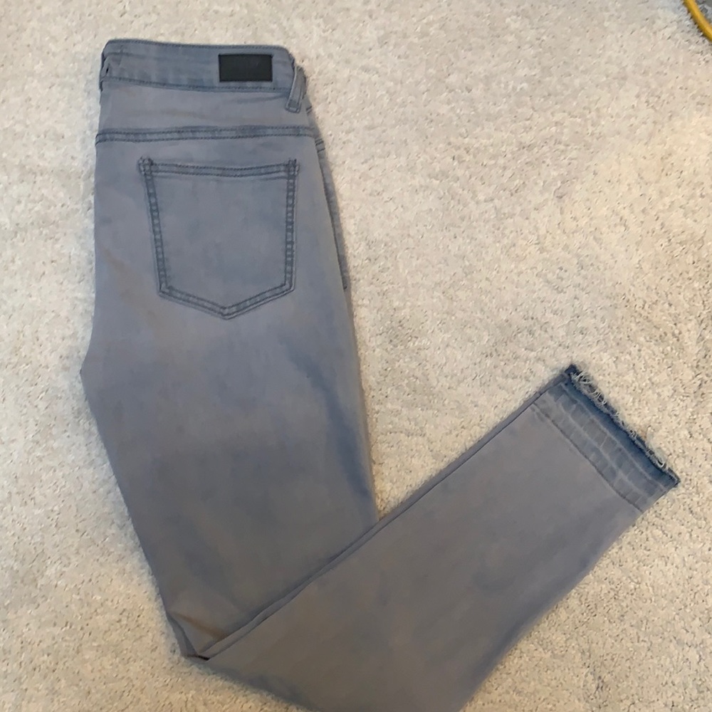 L&B Lucky & Blessed mid-rise distressed gray raw hem jeans, size 10